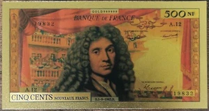 Billet 500 nouveaux francs MOLIERE 1963 réplique polymère gold or - Picture 1 of 2