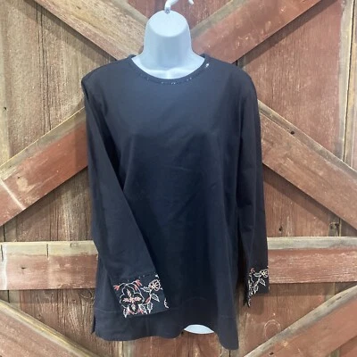 Karen Scott Sport Embroidered Floral Sequin Shirt Top Black Medium Resort Wear - Image 1 of 4