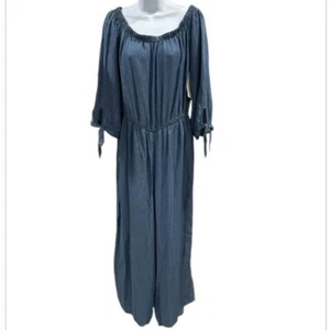 NWT Magnolia Skye Boho Off-Shoulder Jumpsuit with Tie Sleeves Blue Chambray L - Picture 1 of 9