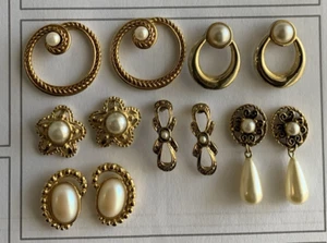 Lot Of 6 Costume Earrings Pierced Teardrop Dangle Gold Tone Faux Pearl Variety - Picture 1 of 8