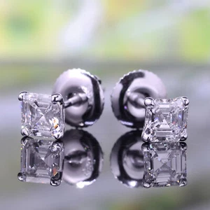 2.00 Tcw. Asscher Cut Diamond Stud Earrings G VS2 Platinum Push back/ Screw Back - Picture 1 of 3