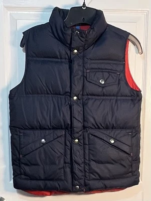 Chaleco acolchado relleno Lands’ End Down para niños M 10/12 cierre a presión azul marino/rojo interior Foto 1 de 4
