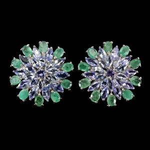 925 Sterling Silver Earrings Marquise Tanzanite 5x2.5mm Emerald Gemstone Jewelry - Picture 1 of 13