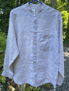 Men's Claiborne Linen Button Up Shirt - Band Collar - M - Beige - Picture 1 of 3