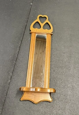 Vintage Farmhouse Entry Wooden Wall Mirror w/ Shelf & Heart Cutouts Cottagecore - Image 1 of 4