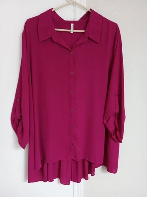 Maggie Barnes (?) Hot Pink Fushia Tab Sleeves Hi Low Button Up Tunic Pleats 4X - Image 1 of 3