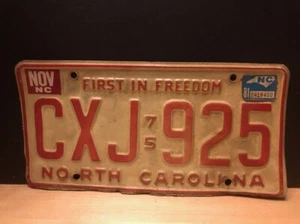 Vintage 1975 North Carolina License Plate- Red on White - Picture 1 of 2
