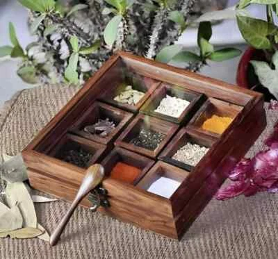 Wooden Spice Box Indian Masala Dabba Tin Spices Storage Spoon Transparent Lid UK - Image 1 of 4
