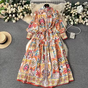 Flower Chiffon Maxi Dress Women Stand Long Lantern Sleeve Waist - Picture 1 of 7