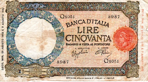 Italy 50 Lire 1944 Fine with margin tears and toning Banknote P-66 Paper Money Cover