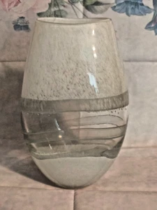 Elegant 28 cm Oval Frosted & Clear Banded Heavy Glass Vase – Vintage Statement - Picture 1 of 8