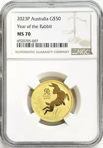 2023 GOLD AUSTRALIA 1/2 OZ $50 DOLLAR LUNAR YEAR OF THE RABBIT COIN NGC MS 70 - Picture 1 of 2