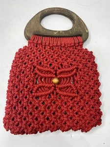 Vintage Macrame Purse Woven Wooden Handle Handbag Handmade Red Unique Boho - Picture 1 of 5
