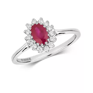 Anillo ovalado de racimo de rubí y diamantes de oro blanco de 9 quilates, tamaños J a Q (260) - Imagen 1 de 2