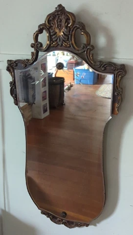 Antique Art Deco Arched Etched Glass Wood Wall Mirror 27 X 13 Cover