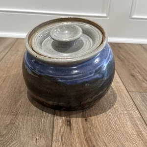 Hand Thrown Studio Art Brown Blue Pottery Cookie Jar w Lid Artist Signed READ! - Picture 1 of 24