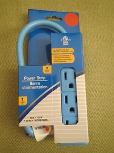 Intertek Light Blue, 3 Outlet Power Strip, 1 foot Cord, Indoor Use, NEW - Picture 1 of 5