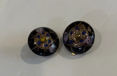 Vintage Murano Wedding Cake Glass Bead Clip on Earrings 3/4” Blue Gold - Image 1 of 4