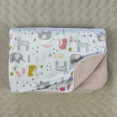 Just Born Pink Gray Animals Baby Blanket Zebra Elephant Cat Sherpa Yellow Lovey - Image 1 of 4