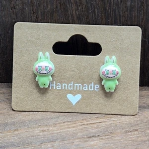 Kawaii Green Labubu Earrings Pierced The Monsters Dainty Stud Jewelry Handmade - Picture 1 of 2