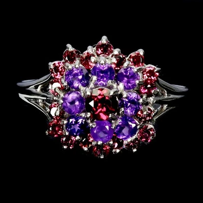 925 Sterling Silver Ring Round Rhodolite Garnet Amethyst Gemstone Jewelry Sz 9 - Image 1 of 4