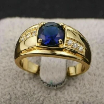 Alianza de oro amarillo de 14 k con zafiro natural y diamantes de corte redondo de 2,10 quilates para hombre Foto 1 de 4