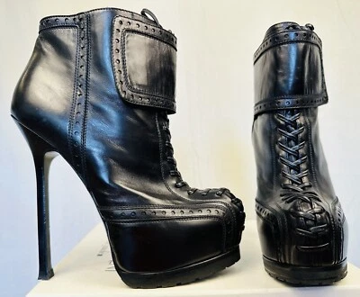 Auténtico. YSL TRIBTOO Plataforma Cuero Tacones Botas Con Cordones Negro, 38.5, ITALIA Foto 1 de 4
