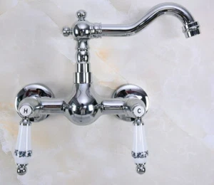 Grifo mezclador de baño giratorio montado en la pared cromado pulido grifo lavabo dos manijas - Imagen 1 de 6