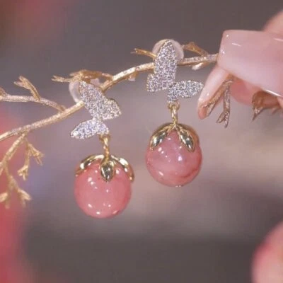 Elegant Pink Pearl Butterfly Zircon Ear Earrings Stud Drop Dangle Women Jewelry - Image 1 of 4
