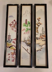 Vintage japanische gerahmte Fliesen Triptychon signiert lebendige Farben signiert Künstlerstempel - Bild 1 von 11