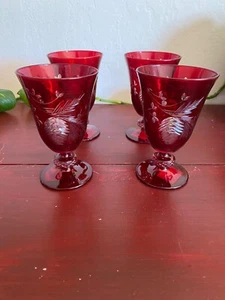 Set Of 4 Williams Sonoma Pinecone Etched Cut Water glass goblet, Red, NEW - Picture 1 of 5