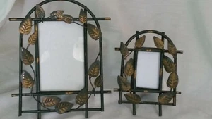 Set of 2 different sized green metal easel back picture frames with gold leaves - Picture 1 of 11