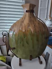 Late 20th Century Pottery Vase W/Metal Stand Large Drip Art Beige+Green 18"x15"