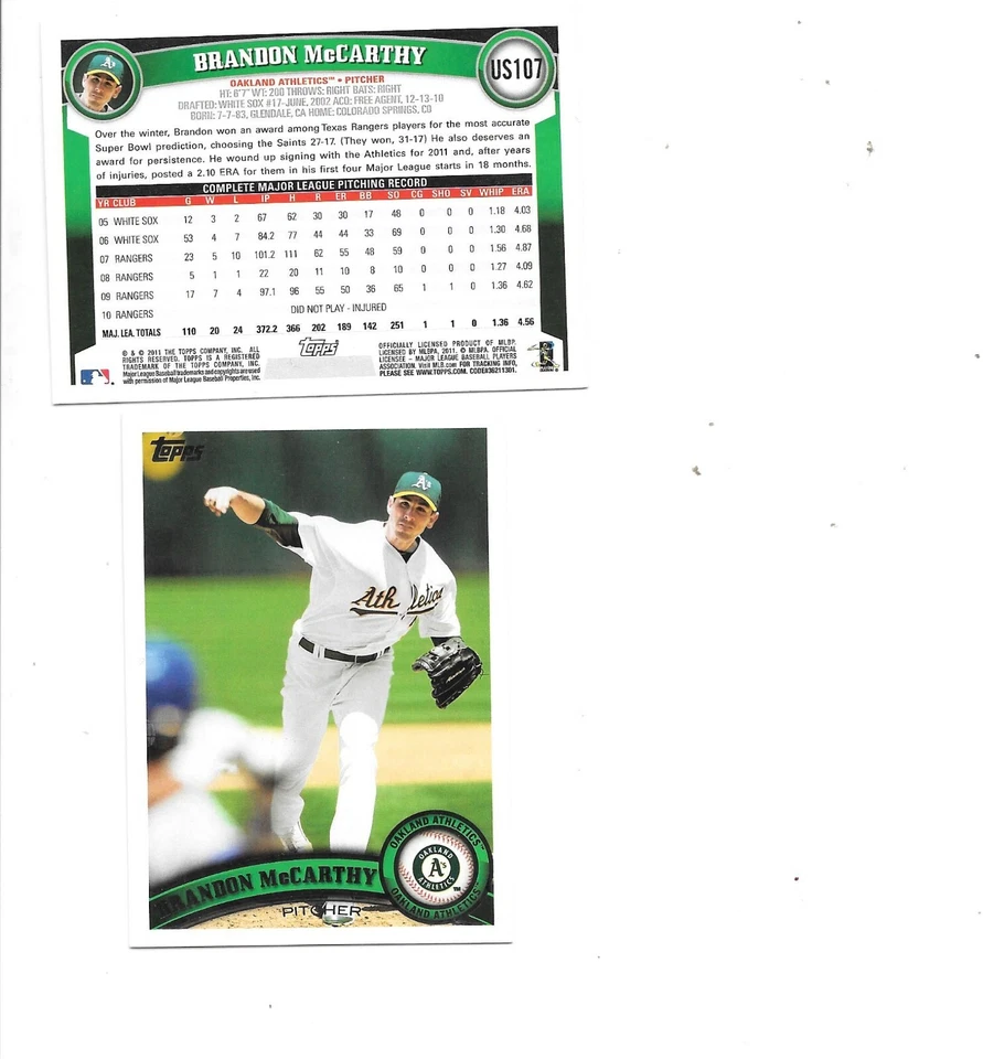 Brandon McCarthy 2011 Topps Update Series MLB Card #US107 Oakland A's lot of 2 - Image 1 of 1