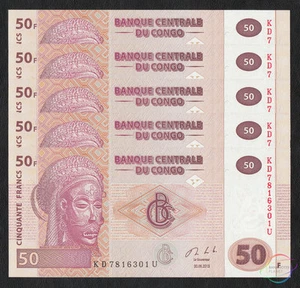 CONGO D.R. Paquete de 50 francos X 5 piezas 2013 P-97 1/20 sin circular - Imagen 1 de 2