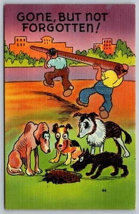 Tarjeta postal de humor perros desaparecidos pero no olvidados llorando un poste años 30 lino L1 - Imagen 1 de 2