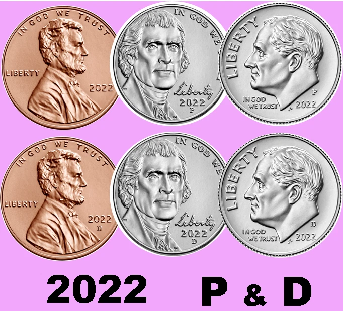 💰  2022 P&D - Penny 1¢  Nickel 5¢ Dime 10¢ -  6 Uncirculated Coins - Full Set - Image 1 of 4