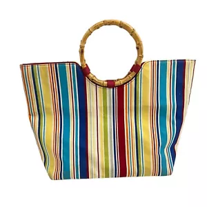 Longaberger Tote Colorful Striped Bamboo Ring Handle Canvas Handbag Wood Handle - Picture 1 of 17