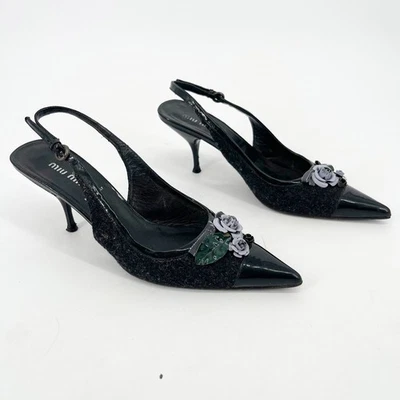 Miu Miu Vintage Charcoal Wool Black Cap Toe Floral Applique Slingback Heel IT 38 - Image 1 of 4