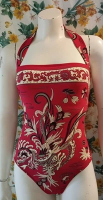 Traje de baño de una pieza Jantzen rojo y crema estampado dragón cachemir años 90 para mujer 10 Foto 1 de 4