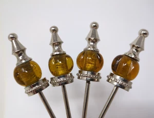 VINTAGE SILVERTONE METAL APERITIF FOOD PICKS AMBER COLOUR GLASS HANDLES  - Picture 1 of 5