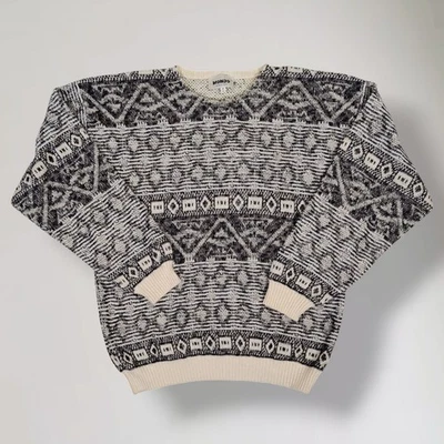 Suéter Vintage Mondo Italia M 50 Negro Crema Tejido Geométrico Pullover Algodón  Foto 1 de 4