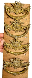 4 Antique Victorian Brass Green Man Drawer Pull Pulls Ornate Bacchus Handles - Picture 1 of 10