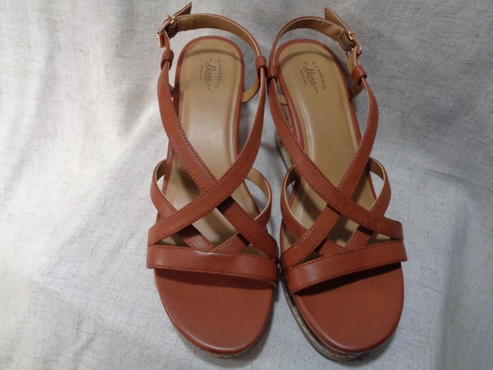 women size 11 cognac strappy sandal with cork wedge platform Giselle by Bass new - Image 1 of 1