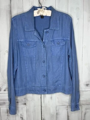 WOMENS TOMMY BAHAMA TWO PALMS 100% LINEN RAW EDGE BUTTON UP JACKET BLUE LARGE - Image 1 of 4