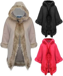 Ladies Womens Faux Fur Hooded Italian Shawl Poncho Dress Cardigan Wrap Scarf Top - Picture 1 of 6