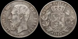 IBERMONEDA| Moneda Bélgica 1869, 5 Francos de plata. Leopoldo II - Foto 1 di 1