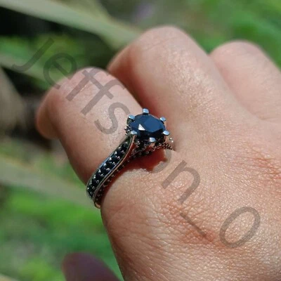 Round Cut Lab Created Black Spinel 14K White Gold Over Solitaire Engagement Ring - Image 1 of 4