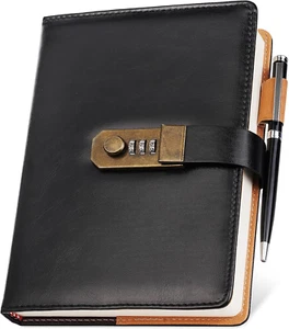 Diary with Lock, A5 PU Leather Journal with Lock, Metal Pen, 260 Pages Password - Picture 1 of 12