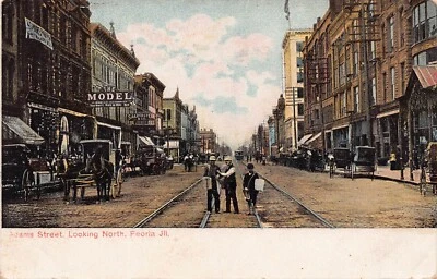 Peoria Illinois IL Adams Street St Scene Looking North Postcard - Image 1 of 2
